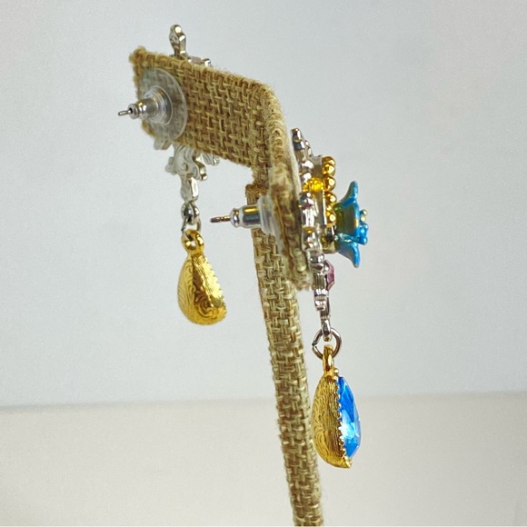 Vintage 1928 Blue Floral Drop Earrings Pink Accent Teardrop Crystal 2" - Picture 8 of 9